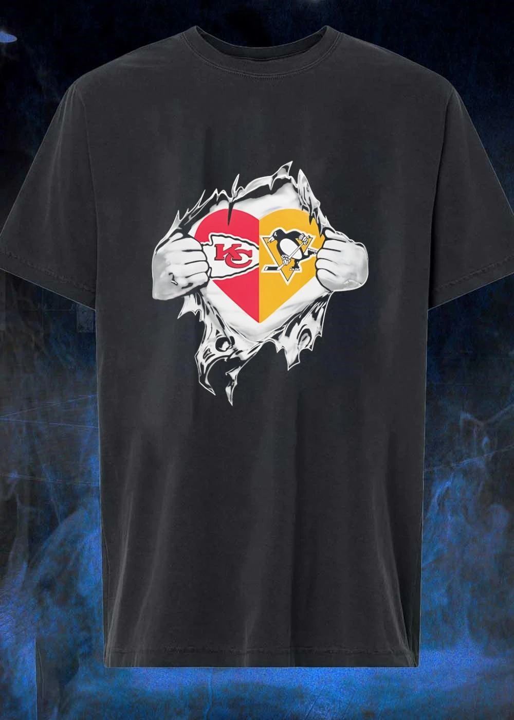 Heart KC Chiefs Pittsburgh Penguins Ripping Chest T-Shirt